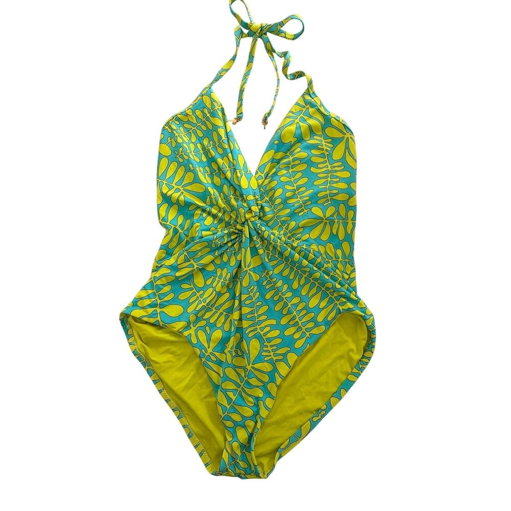 Trina Turk One Piece Swimsuit Green Blue Halter Tropical Print Ruched Swim 12